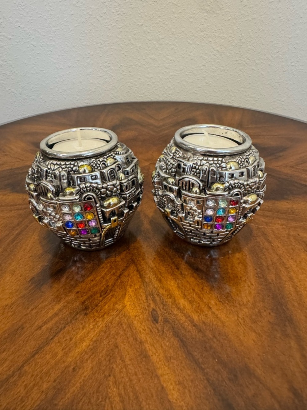 Jerusalem Balls Shabbat Silver & Gold Tea Light Candle Holders - Pair